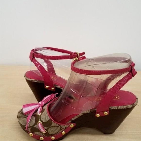 Coach Signature C Betsey Women's Pink Wooden Wedges Heels Canvas Sandal Size 7.5 - Picture 2 of 5